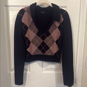 Argyle V-Neck Sweater - Black and Pink